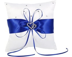 Premium Trouwringkussen met decoratief lint - Ringdragerkussen voor romantische bruiloft - Dubbel hartsteentjes en strikdetail - Trouwringhouder voor strandbruiloft of feestelijke ceremonie in blauw