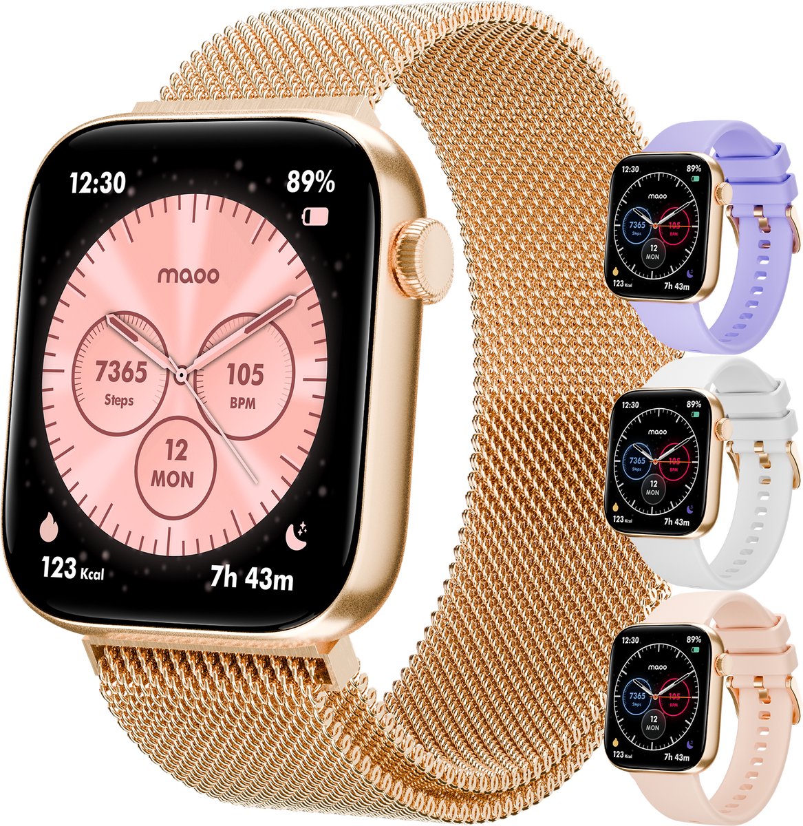 Maoo ProWatch AMOLED Smartwatch Dames en Heren - Milanese Bandje en 3 Siliconen Bandjes - Stappenteller - Hartslagmeter- Bloeddrukmeter - Slaapmonitor - Multisport - Geschikt voor Android en iOS - Rosé Goud