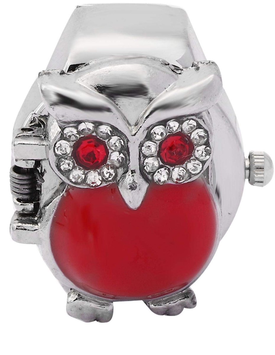 Ring watch, comfortable to wear finger watch owl pattern for different finger sizes for unisex (red)