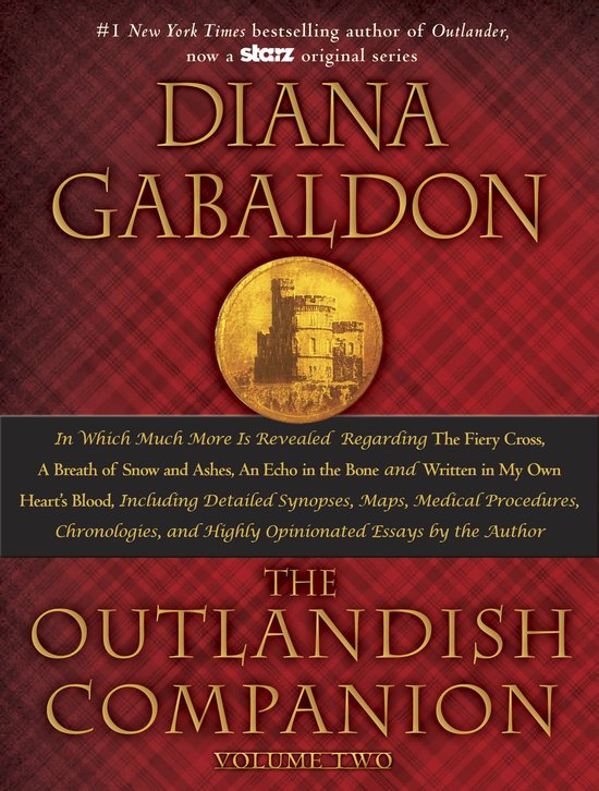 Boek "The Outlandish Companion Volume Two" van Diana Gabaldon, met rode ruitjes achtergrond en gouden letters.