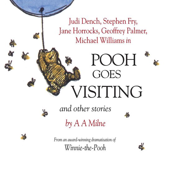 Pooh Goes Visiting en andere verhalen van A A Milne, met Pooh die aan een ballon hangt, omringd door bijen.