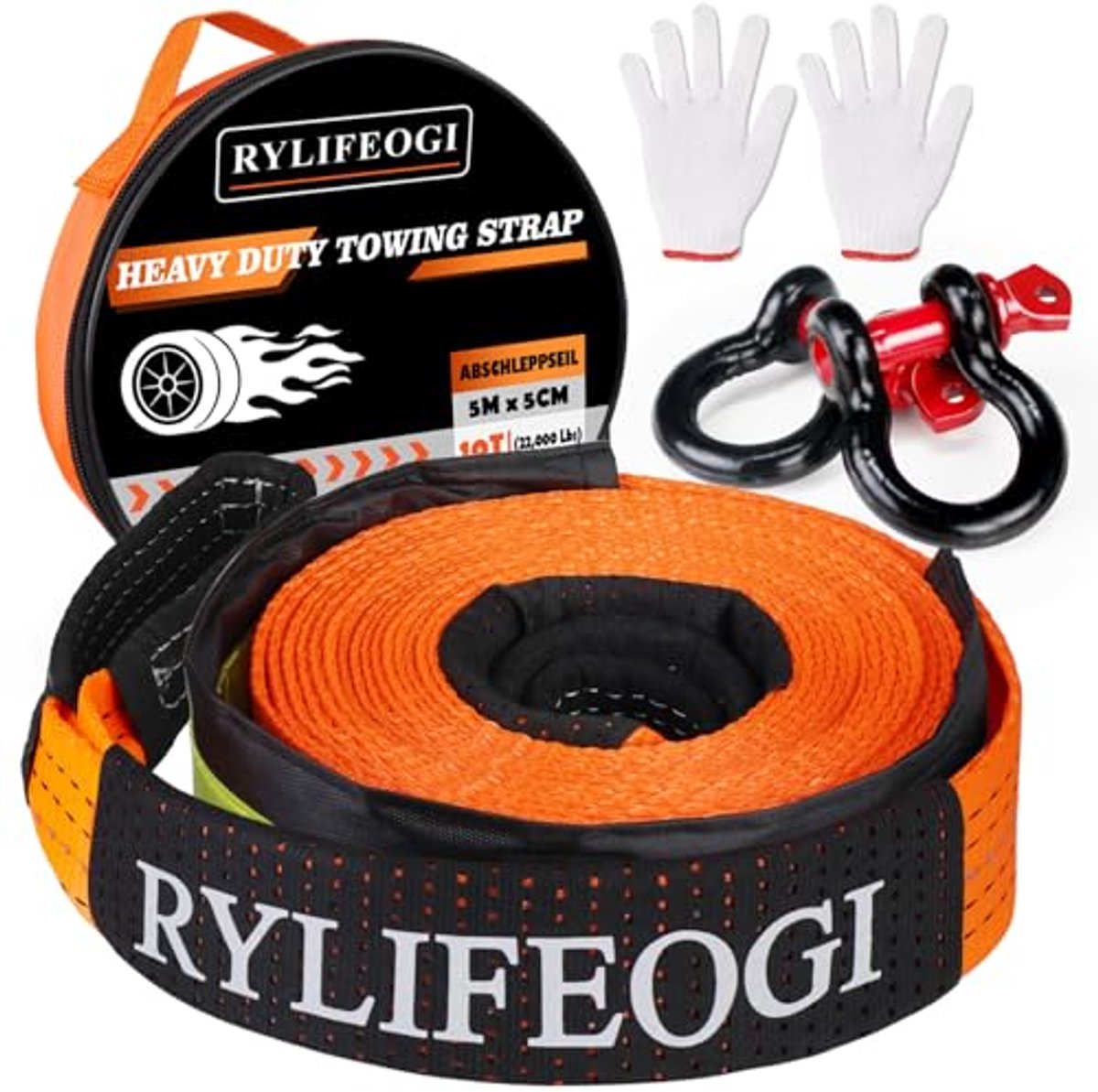 Sleepkabel 10 ton (22,000 lbs) 5 m x 5 cm Met 2 Versterkte Haken en Handschoenen voor Off-Road Noodgeval