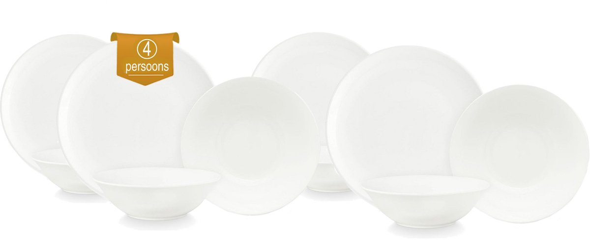 vtwonen - Basic - Set van 12 - Serviesset - Wit - Porselein