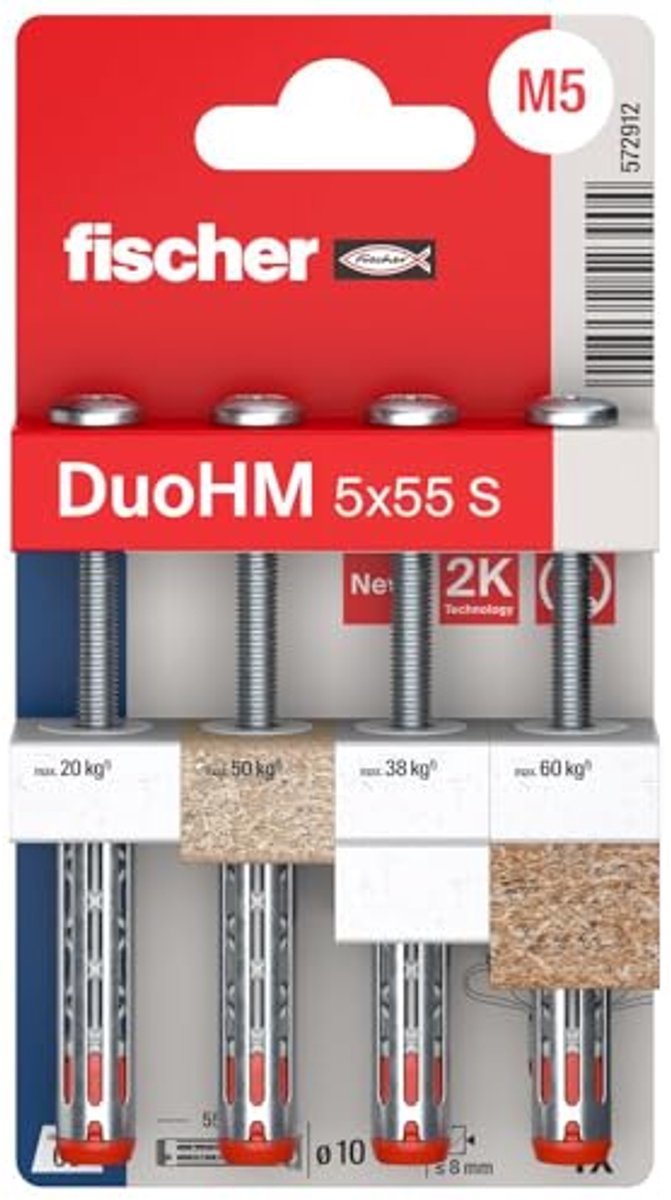 Holle pluggen 5 x 55 mm met metrische panhead schroef voor het bevestigen van TV-beugels, verlichting en wandplanken - 4 stuks