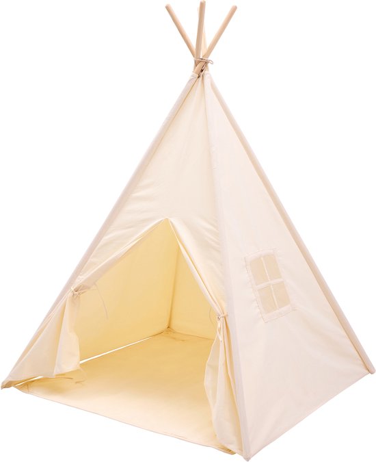 Sunny Vera Tipi Tent Crème voor kinderen – Wigwam Speeltent met raam van katoen – Tipi tent kinderen met Vloermat – 110x110x160cm – Stokken van hout