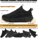 Zwarte sportschoen met diagrammen die de 'Heel-to-Toe Drop', 'Forefoot Rocker Design', 'Forefoot Height' en 'Heel Stack Height' uitleggen.