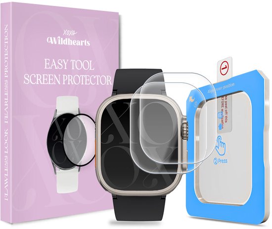 Zilverkleurige Apple Watch Ultra met zwarte band, verpakt met installatietool en duopack screenprotectors. Box met 'EASY TOOL SCREEN PROTECTOR'.