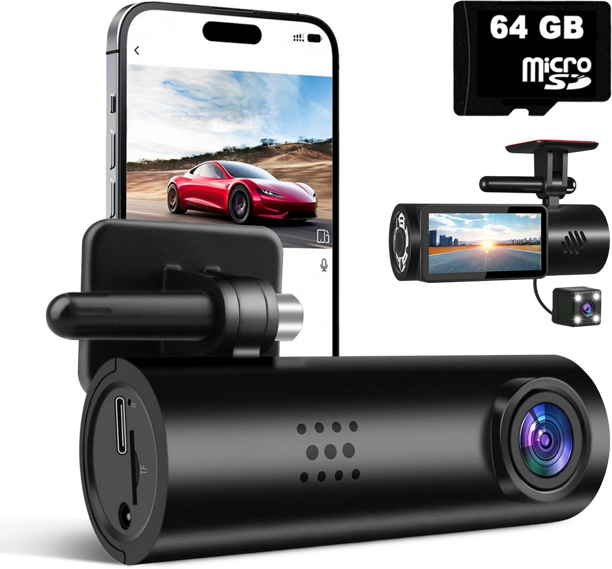 Tech Essentials B100 Dashcam - 720P - Wifi - SD Kaart 64GB - Met Achteruitrijcamera - USB-C - Voor Auto Camera - Voor En Achter - Nachtzicht