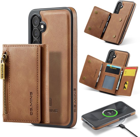 Étui en cuir polyvalent FFO2World × DG.MING – Compatible avec Samsung Galaxy S25 FE – Étui de luxe 2 en 1 avec porte-cartes amovible – Étui en cuir compatible MagSafe – Élégant et durable – Marron