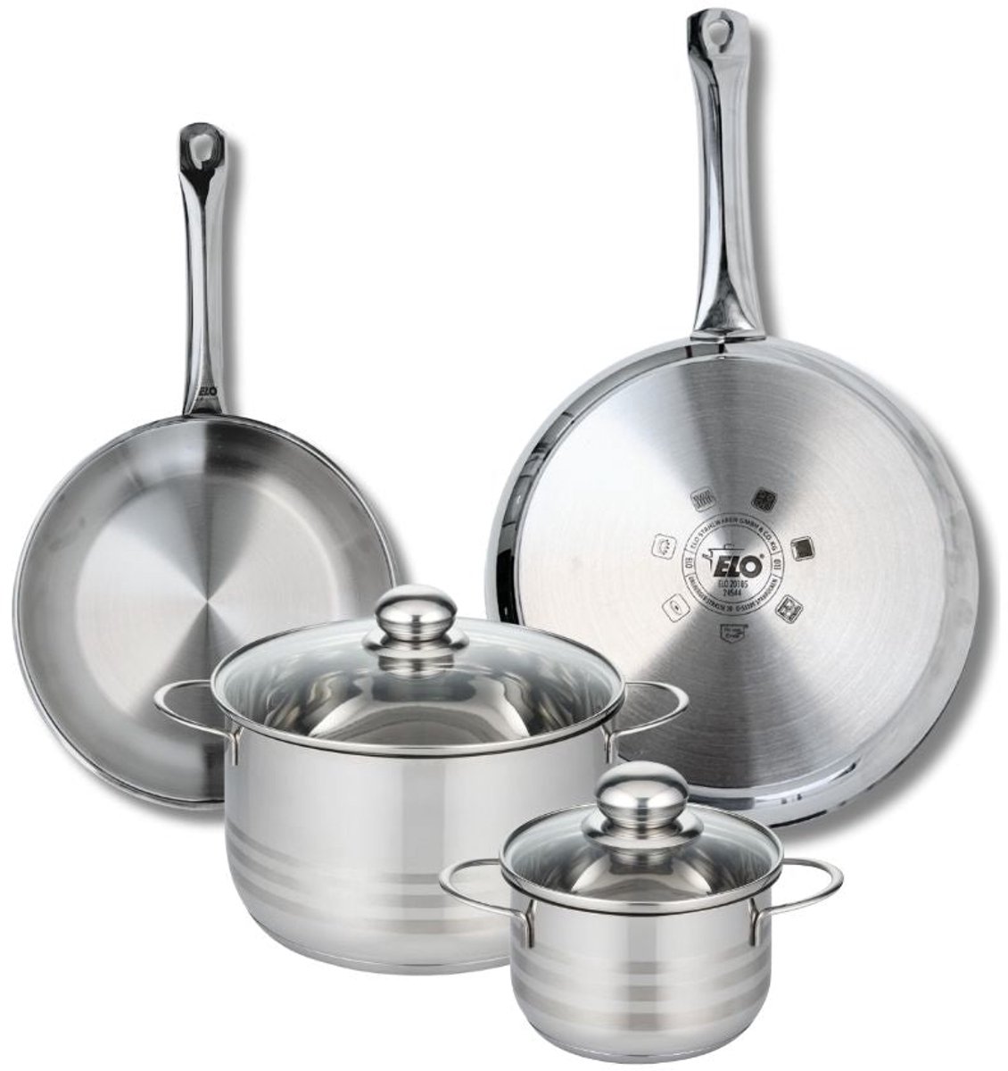Set van 2 Koekenpannen 24 en 28 cm en 2 kookpotten 14 en 20 cm Elo Profi Brillant