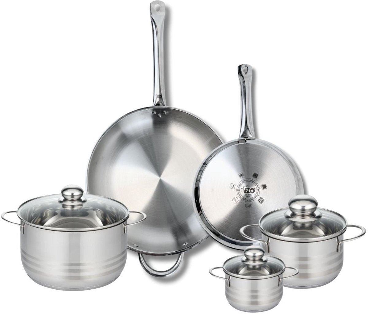 Set van 2 Koekenpannen 24 en 32 cm en 3 kookpotten 12, 16 en 20 cm Elo Profi Brillant