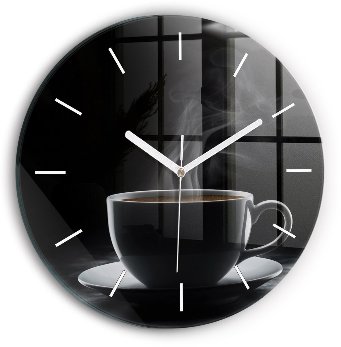 Wallfluent Wandklok - Een kopje zwarte koffie Klok met Print - 30 cm x 30 cm - Zwart Wandklok - Witte Handen - Wandklok Zonder Cijfers - Stille Wandklok Slaapkamer - Ronde Glazen Wandklok - Minimalistisch Wandklok - Klok met Afbeelding