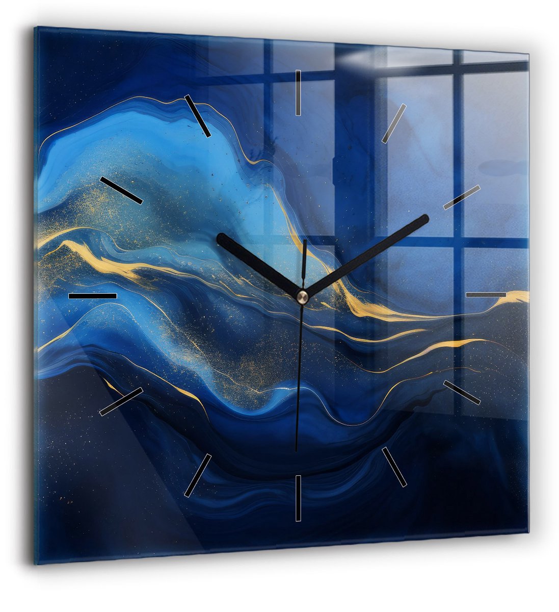 Wallfluent Wandklok - Blauwe marmer Stijlvolle Klok - 60 cm x 60 cm - Blauw Wandklok - Zwarte Handen - Wandklok Zonder Cijfers - Wandklok voor in de Keuken - Vierkante Glazen Wandklok - Scandinavisch Wandklok - Klok met Print