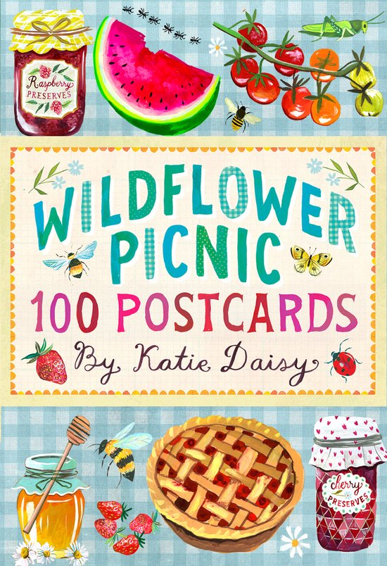 Wildflower Picnic 100 Postcards par Katie Daisy. Avec une tranche de pastèque, des tomates, des fraises, une tarte, du miel et des insectes.