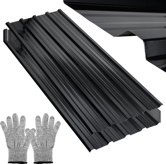 Stapel zwarte trapeziumplaten en een paar grijze snijbestendige handschoenen.
