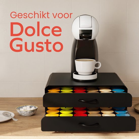 Porte-capsules noir à 2 tiroirs, adapté pour Dolce Gusto, avec machine à café et tasse.