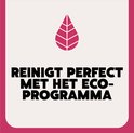 Tekst op roze achtergrond: 'Reinigt perfect met het eco-programma' met een roze bladvormig logo.
