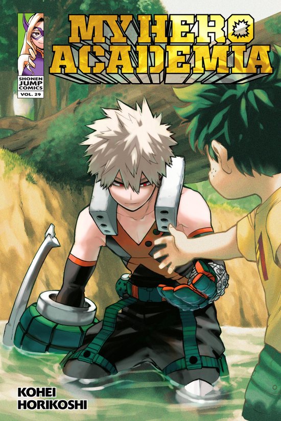 My Hero Academia 29, Kaosuke en Izuku in het water, met de titel "My Hero Academia" in gele letters.