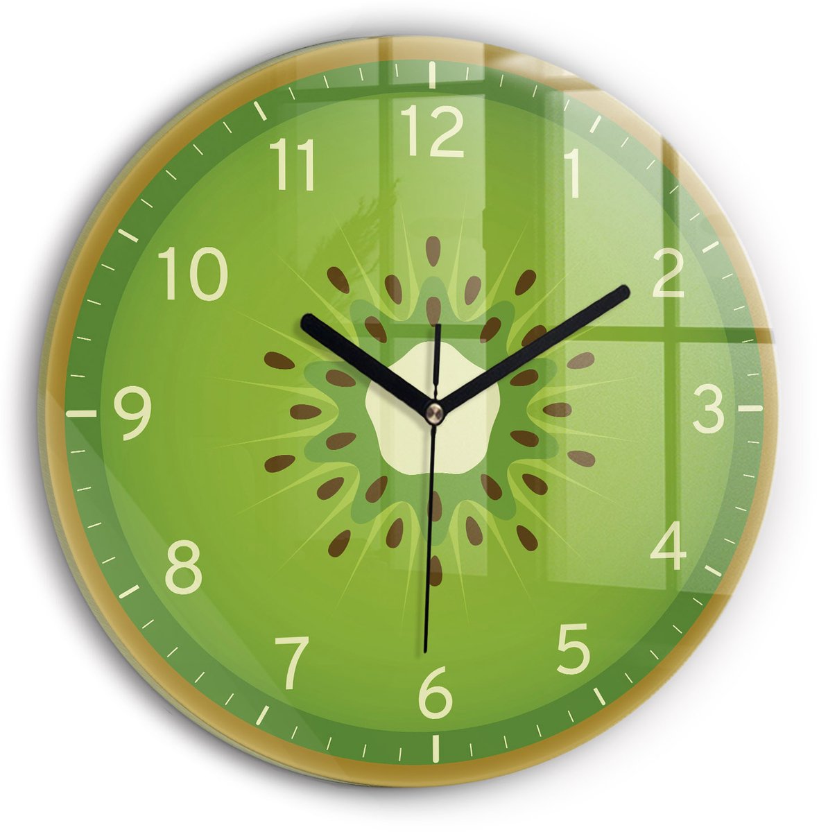 Wallfluent Wandklok - Kiwifruit Decoratieve Wandklok - 30 cm x 30 cm - Groente Wandklok - Zwarte Handen - Wandklok zonder cijfers - Wandklok Glas Woonkamer - Decoratieve Wandklok - Design Wandklok - Klok met Print