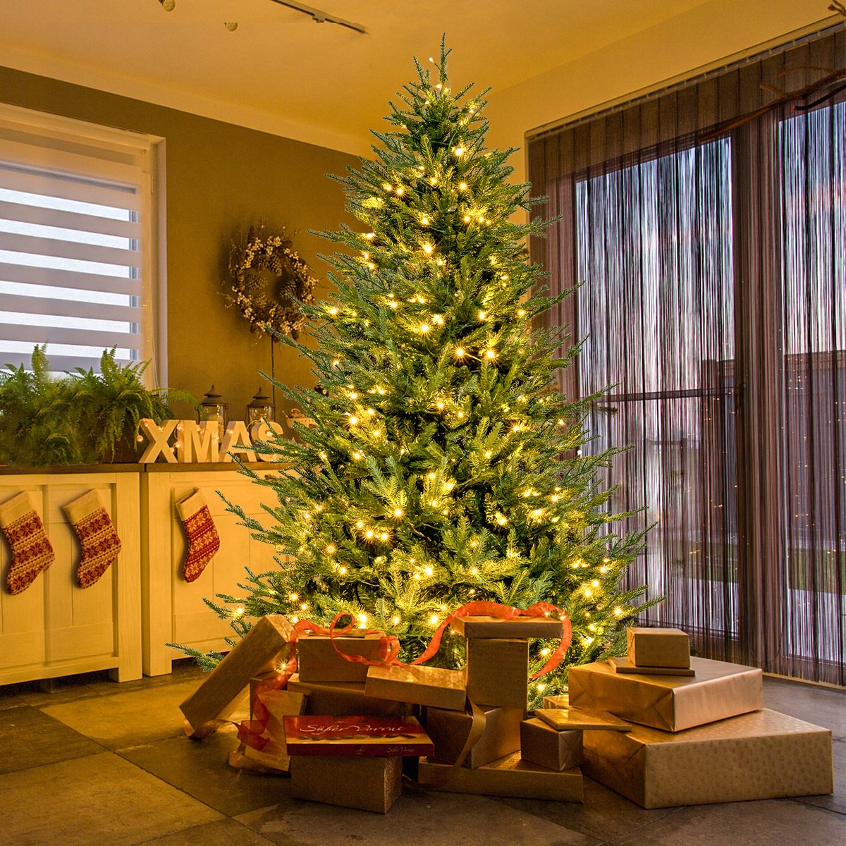 COSTWAY 210 cm kunstkerstboom verlicht, opklapbare kerstboom met 8 lichtmodi, 380 warmwitte ledlampen, 1130 takken van PE en pvc, dennenboom, kunstboom Kerstmis, groen