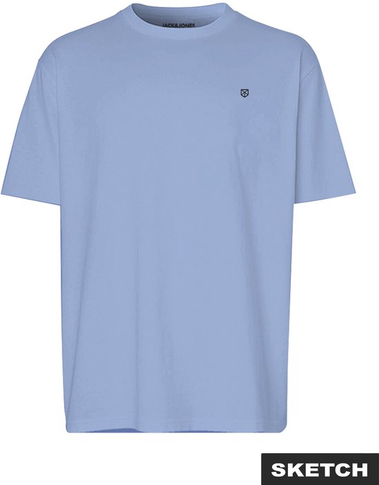Lichtblauw T-shirt met korte mouwen, een ronde hals en een zwart logo op de borst.