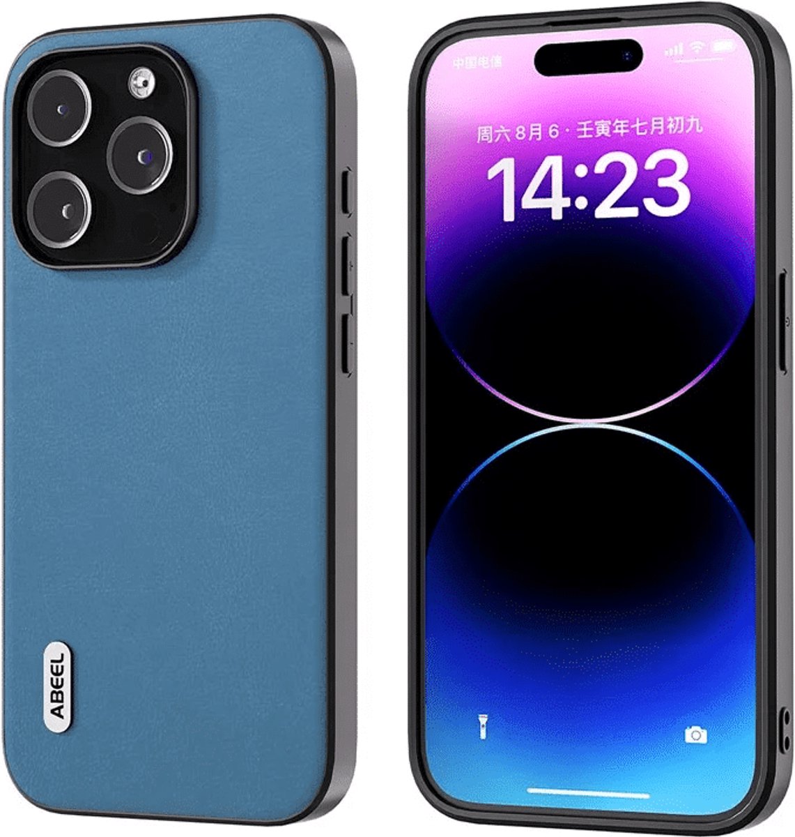 ABEEL – Backcover iPhone 15 Pro Max – Cowhide Leather – TPU – Litchi – Anti-Scratch – Blauw