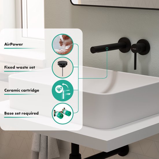 Matzwarte Hansgrohe Zesis S wastafelkraan met uitleg AirPower, waste set, keramische cartridge en base set.