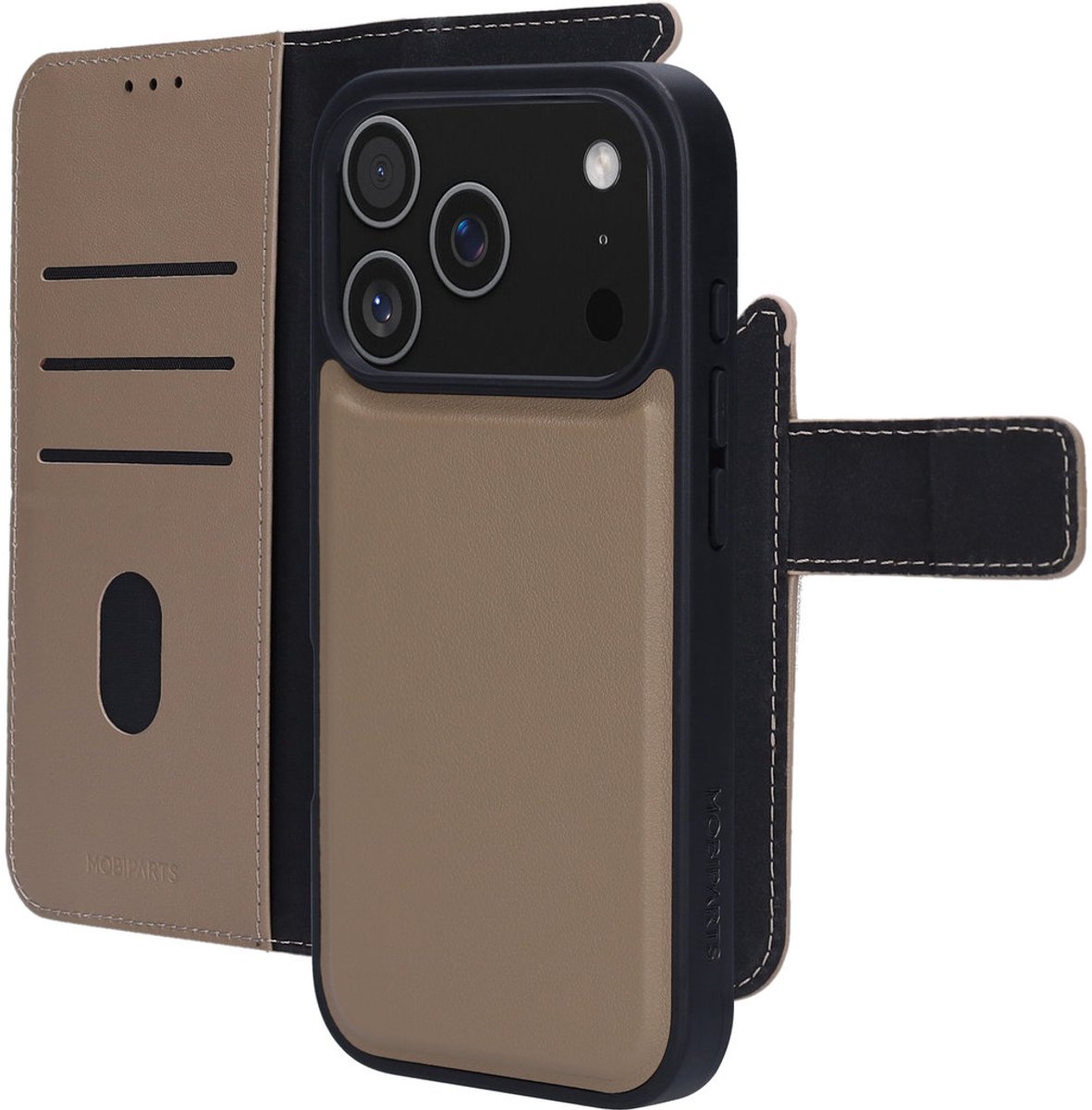 Mobiparts hoesje geschikt voor Apple iPhone 17 Pro Apple iPhone 18 Pro - Wallet 2-in-1 Boekhoesje - MagSafe - Echt Leder - Uitneembare Case - Sterke Magneet Sluiting - Contactloos betalen - Beige