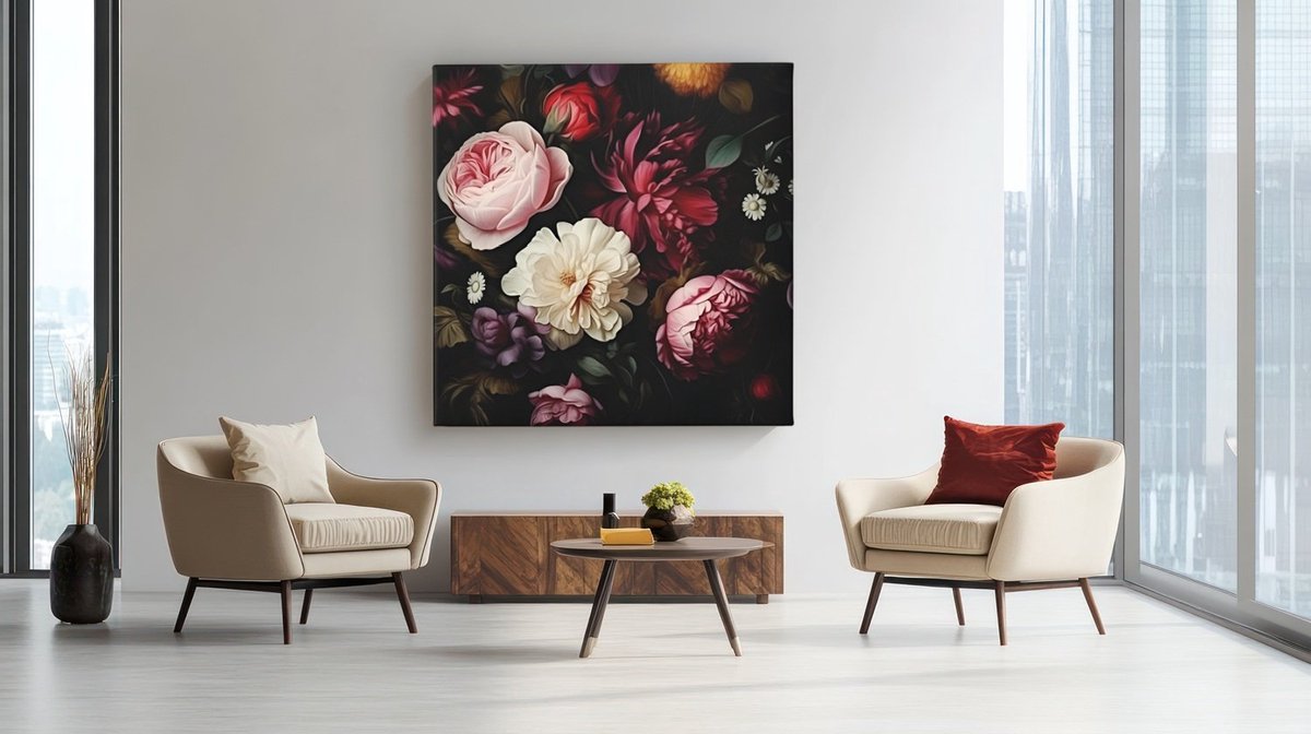 Trendex Global Vierkant Canvas Schilderij - Bloemen - Wanddecoratie - 60x60x2 cm Kleurrijk