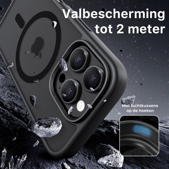 Zwarte hoes beschermt iPhone 16 Pro tegen vallen, met lucht kussens.