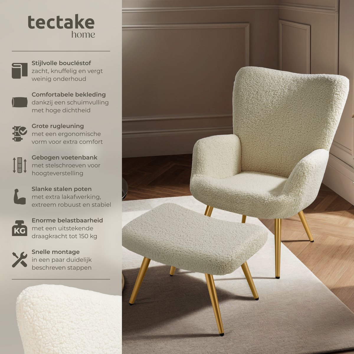 tectake tectake Oorfauteuil met Hocker - afbeelding 2