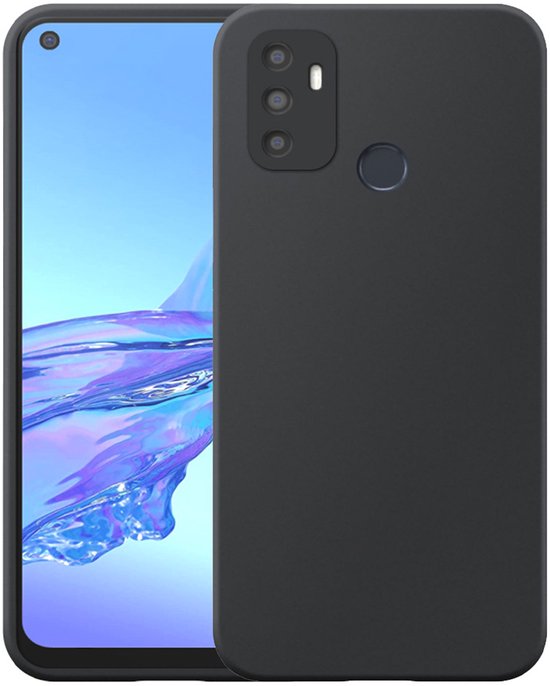 Zwart flexibel telefoonhoesje van siliconen TPU voor een smartphone met camera-uitsparing en vingerafdruksensor. Smartphone met blauw scherm.