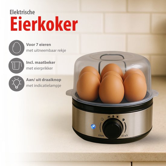Elektrische eierkoker met zes eieren onder een transparante deksel, met aan/uit draaiknop.