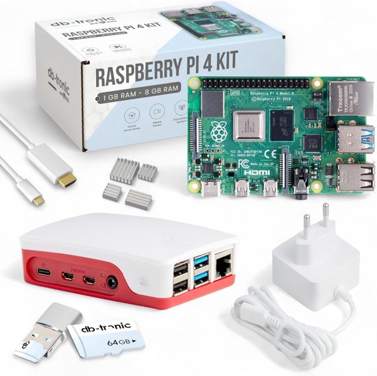 Raspberry Pi 4 2 GB Starterskit | 64 GB-editie | Officiële USB-C-voeding | Officiële behuizing | 4K Micro HDMI-kabel 1 m | Koellichaam