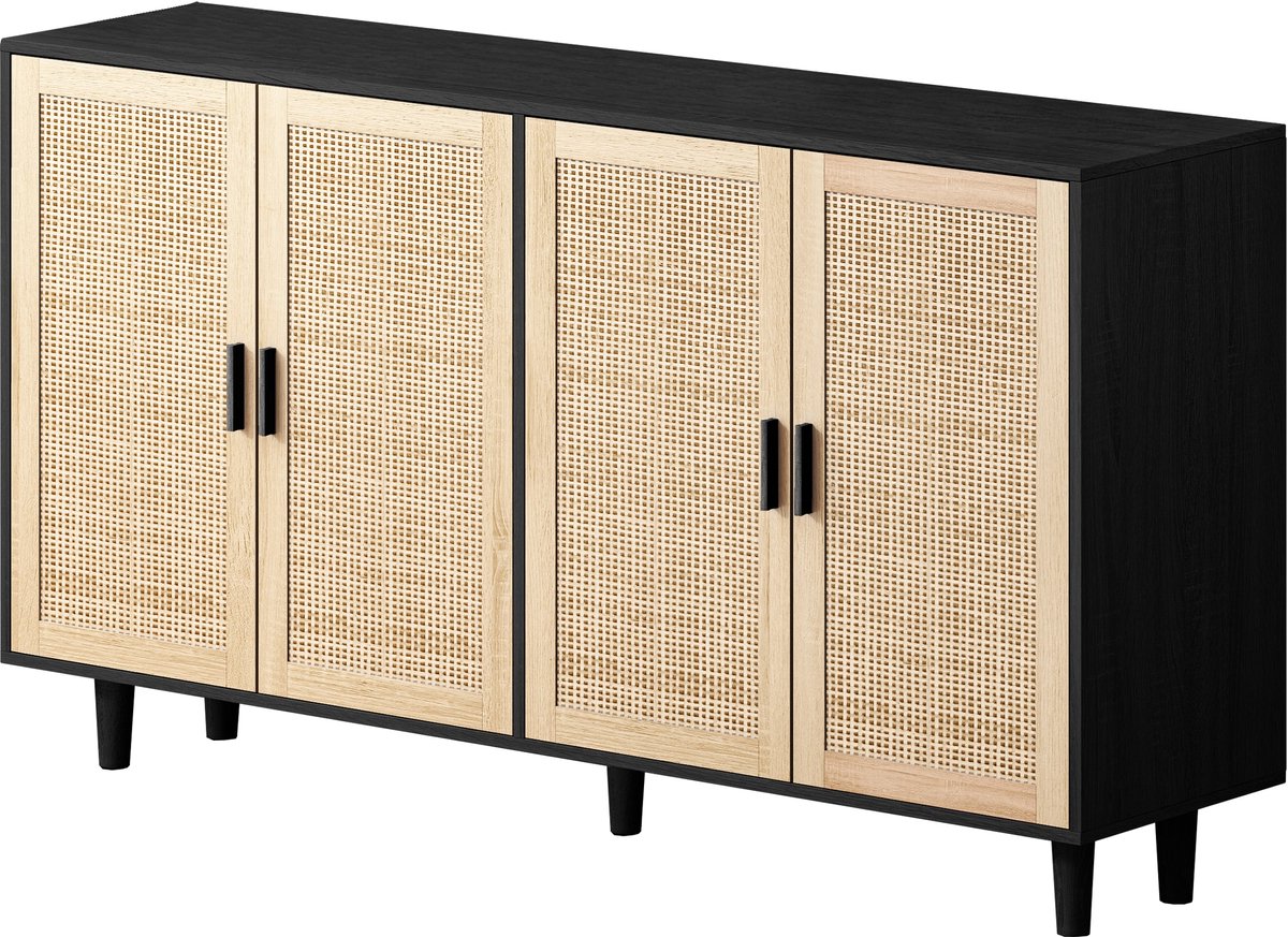 Merax Dressoir 158 cm - Elegant en Functioneel 4-Deurs Rattan Decoratief Opbergkast - Zwart met Bruin