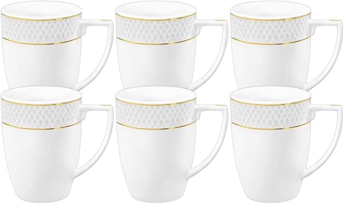 Wilmax - Diamond Mok – 450 ml – Wit Porselein met Gouden Lijnen – Set van 6 – Luxe Design