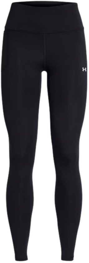 Zwarte Under Armour legging met witte logo op de zijkant van de dij. De legging is hoog getailleerd.