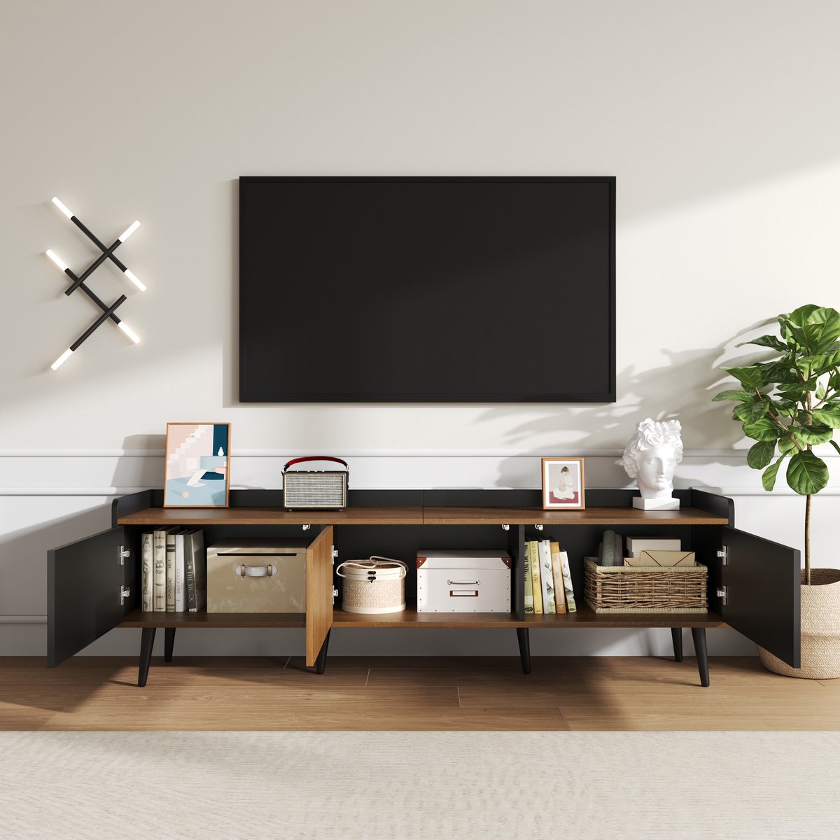 Merax TV-meubel 160 x 39 x 49 -5 cm - drie-deurs onderkast - compacte structuur - zwart en natuurlijk houtnerf afwerking