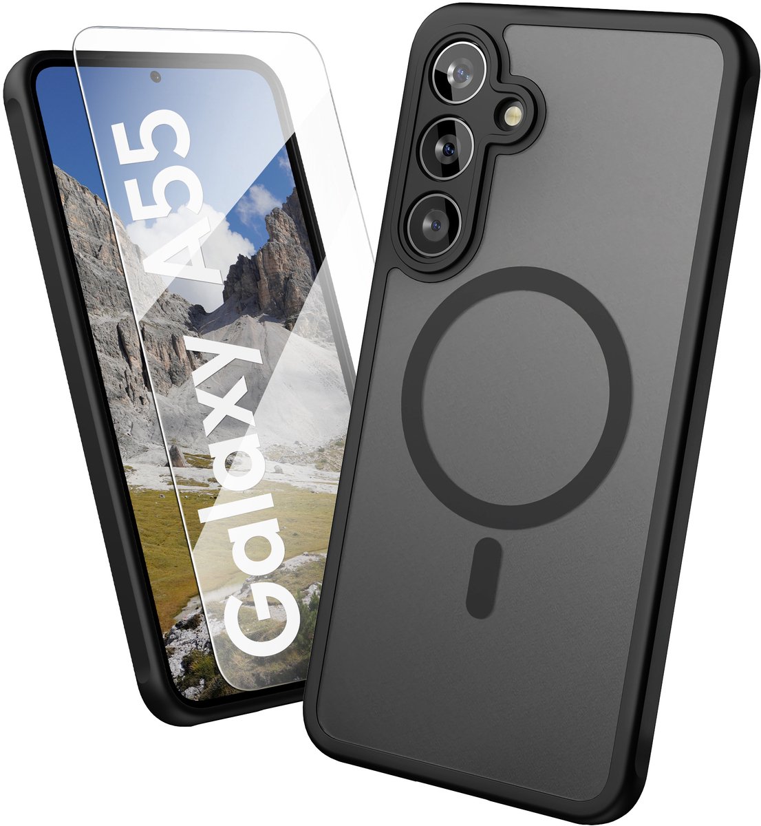 Oakshield Hoesje voor Samsung Galaxy A55 – Halftransparante Telefoonhoes – Schokbestendige Beschermhoes met Camerabescherming – Case in zwart