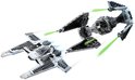 De Mandalorian Fang Fighter en TIE Interceptor in gevecht met groene laserstralen tegen een witte achtergrond.