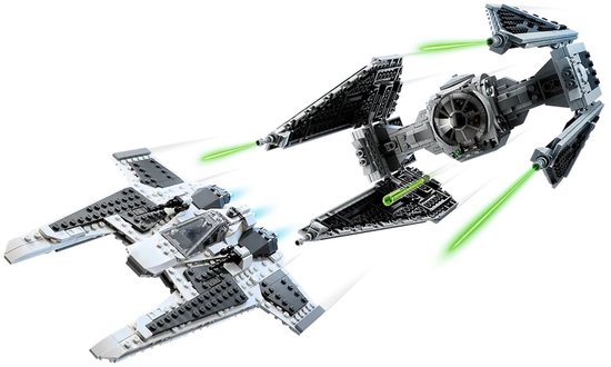 De Mandalorian Fang Fighter en TIE Interceptor in gevecht met groene laserstralen tegen een witte achtergrond.
