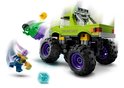 Groene LEGO monster truck in de lucht, Hulk vliegt weg van Thanos.