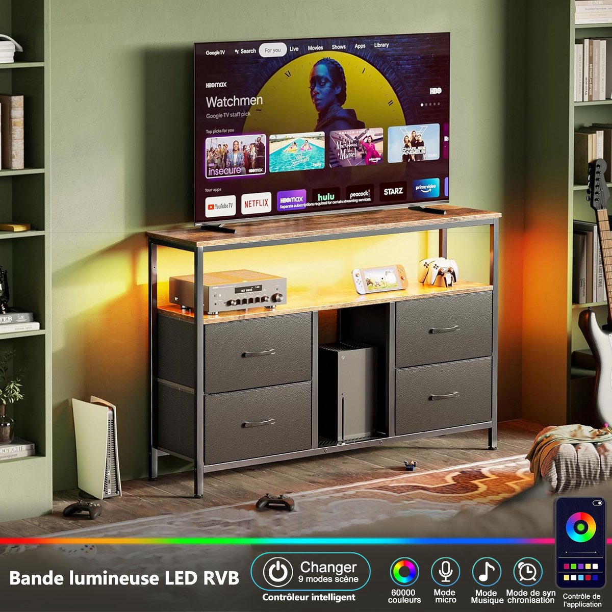 TV-kast met laag bord voor tv tot 42 inch, 108 cm lang, retro-stijl stoffen tv-standaard met 4 lades, 1 plankvak, met led-verlichting, voor slaapkamer, woonkamer, stoffen lades en metalen frame, zwart