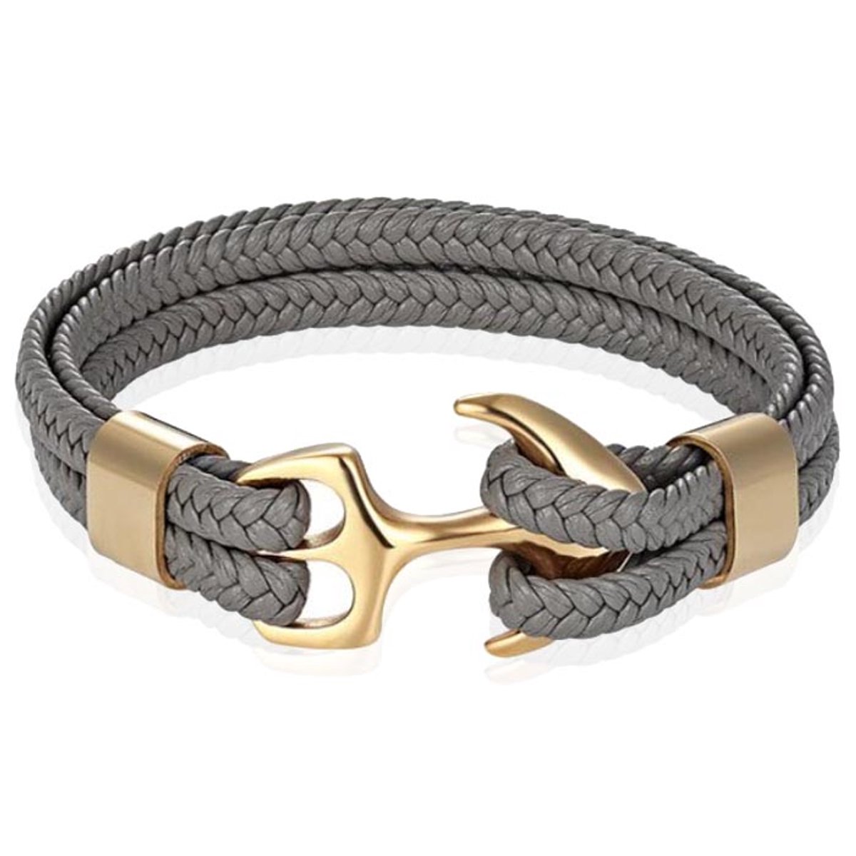 Tom Jaxon Heren armband Anker gevlochten Leer Goudkleurig Grijs - 20cm