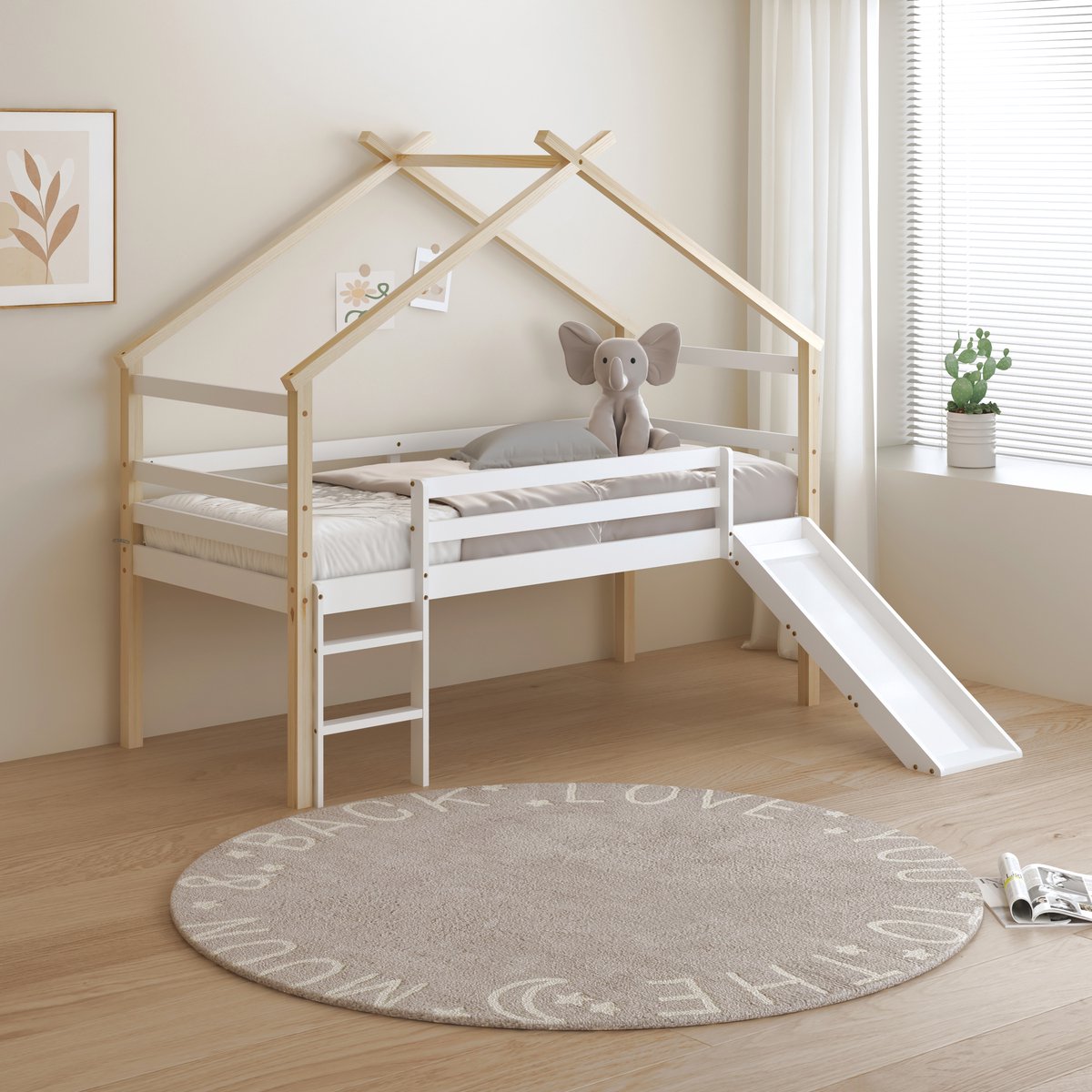 Sunny River Halfhoogslaper – Met Glijbaan – Met Uitvalbeveiliging en rechte ladder - Bedhuisje – 213 x 97 x 183 cm – Peuterbed Meisjes en Jongens – FSC 100% Hout – Huisbed 90x200 - Met Lattenbodem – Kinderbed - Exclusief Matras – Naturel/wit