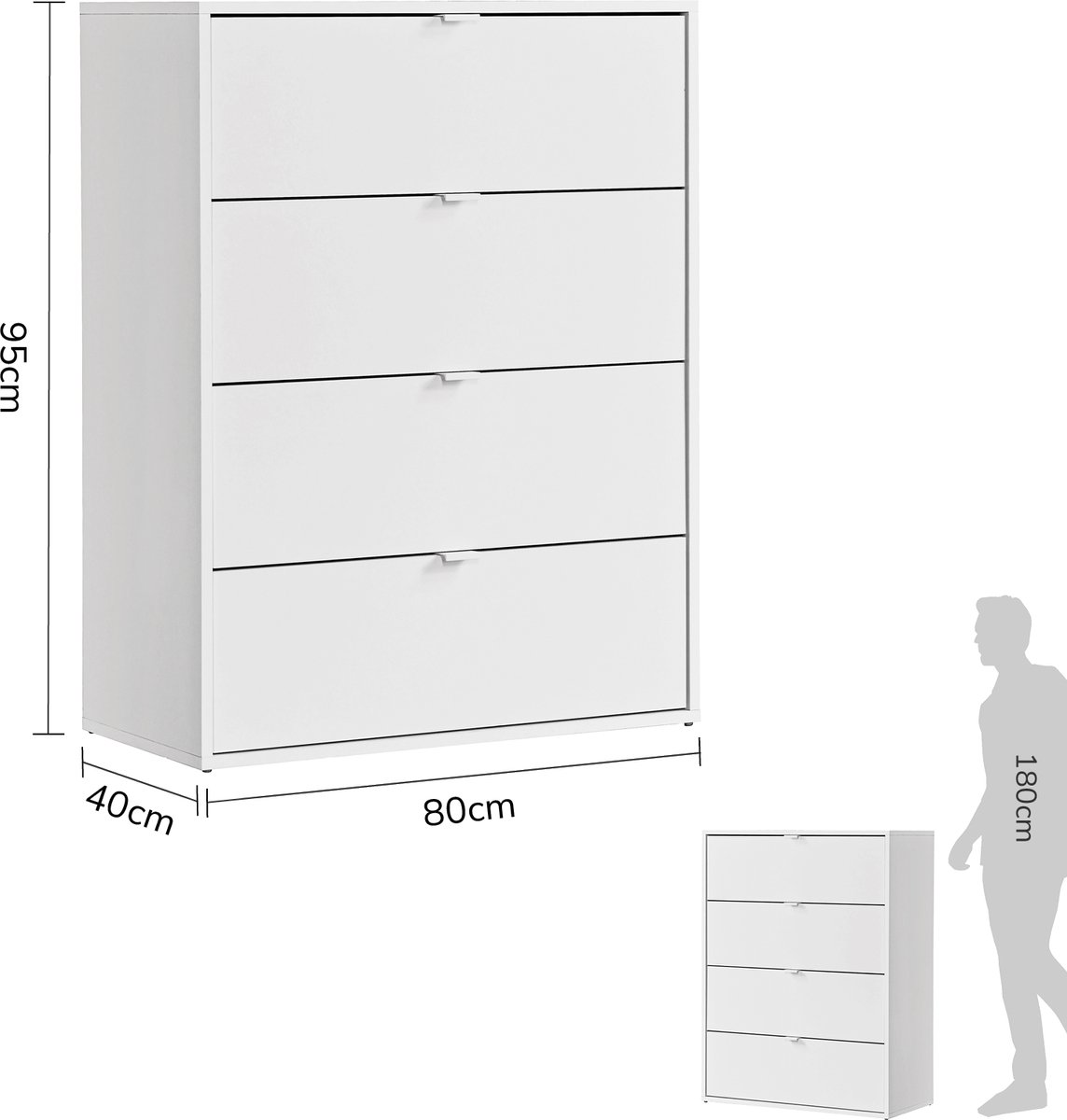 mokebo commode 'Die Stilvolle' (80x95x40cm) sideboard, voor slaapkamer, hal & kinderkamer met 4 houten lades in wit