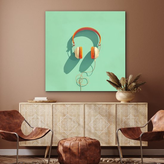 Aluminium schilderij 90x90 cm - Wanddecoratie metaal - Koptelefoon - Oranje - Snoer - Minimalistisch - Metalen muurdecoratie woonkamer - Decoratie industrieel - Foto op dibond - Industriële accessoires slaapkamer