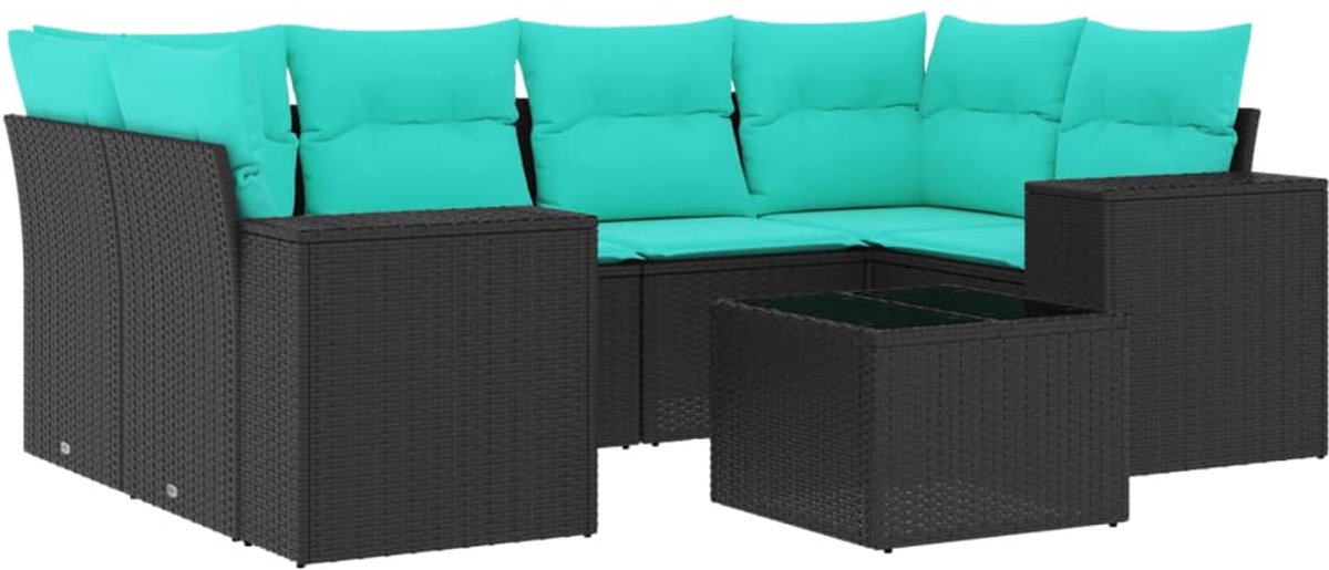 vidaXL - 7-delige - tuinbankset - met - kussens - van - zwart - polyrotan
