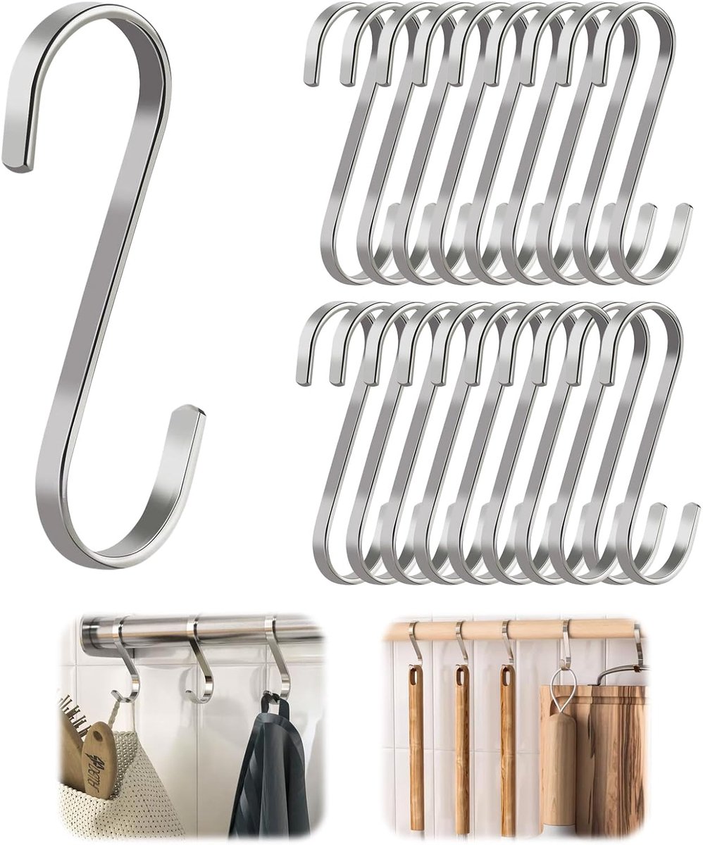 Ynkkvre - Set van 20 RVS S-Haken - 8 cm - Max. Belastbaar 10 kg - Kleine S-vormige Haken voor Ophangen - Voor Keukengerei en Badkamer