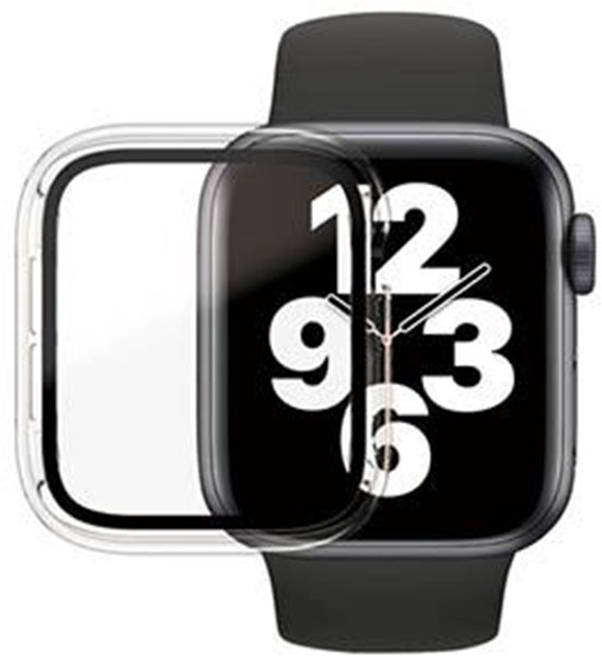 Transparante PanzerGlass screenprotector op een Apple Watch met zwart bandje.